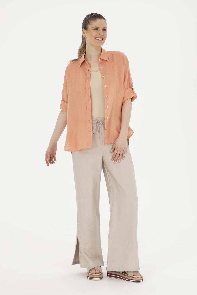 Kadın Somon Keten Uzun Kollu Gömlek - 50283640028