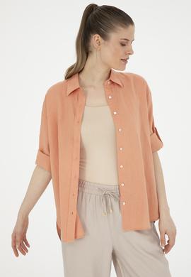 Kadın Somon Keten Uzun Kollu Gömlek - 50283640028