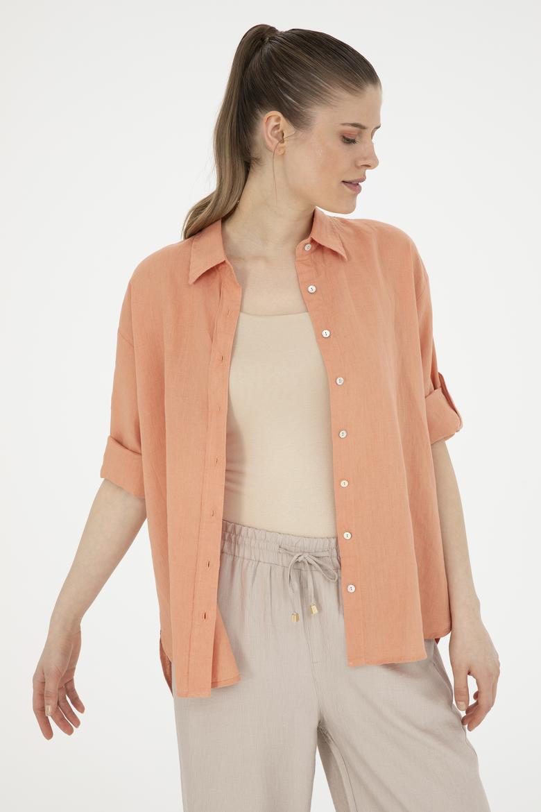 Kadın Somon Keten Uzun Kollu Gömlek - 50283640028