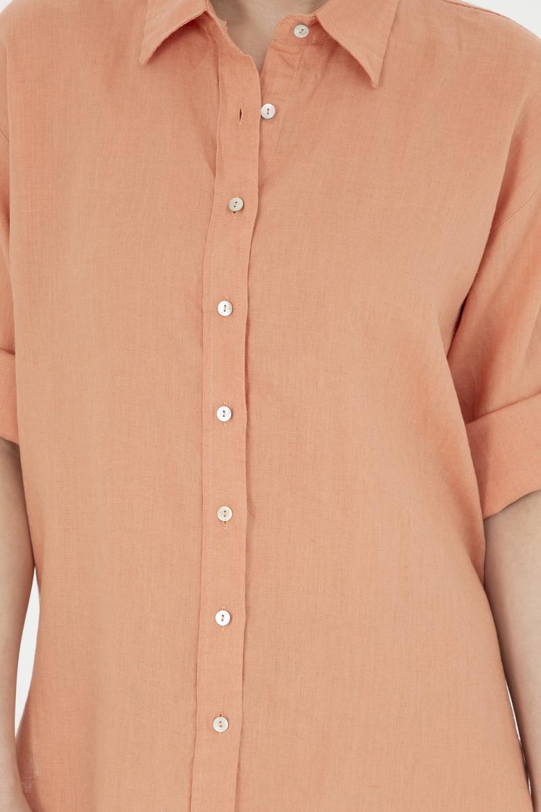 Kadın Somon Keten Uzun Kollu Gömlek - 50283640028