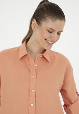 Kadın Somon Keten Uzun Kollu Gömlek - 50283640028