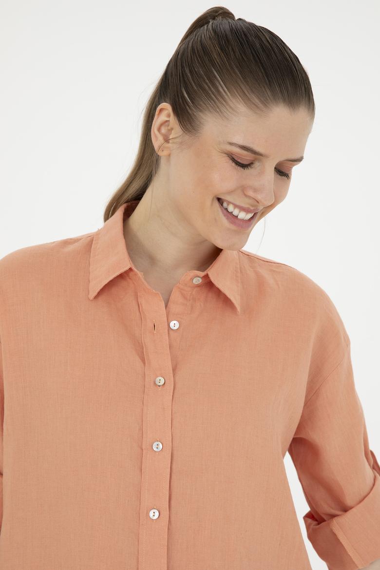 Kadın Somon Keten Uzun Kollu Gömlek - 50283640028