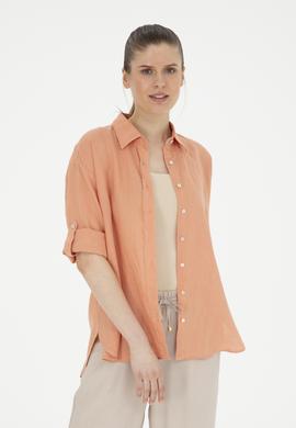 Kadın Somon Keten Uzun Kollu Gömlek - 50283640028