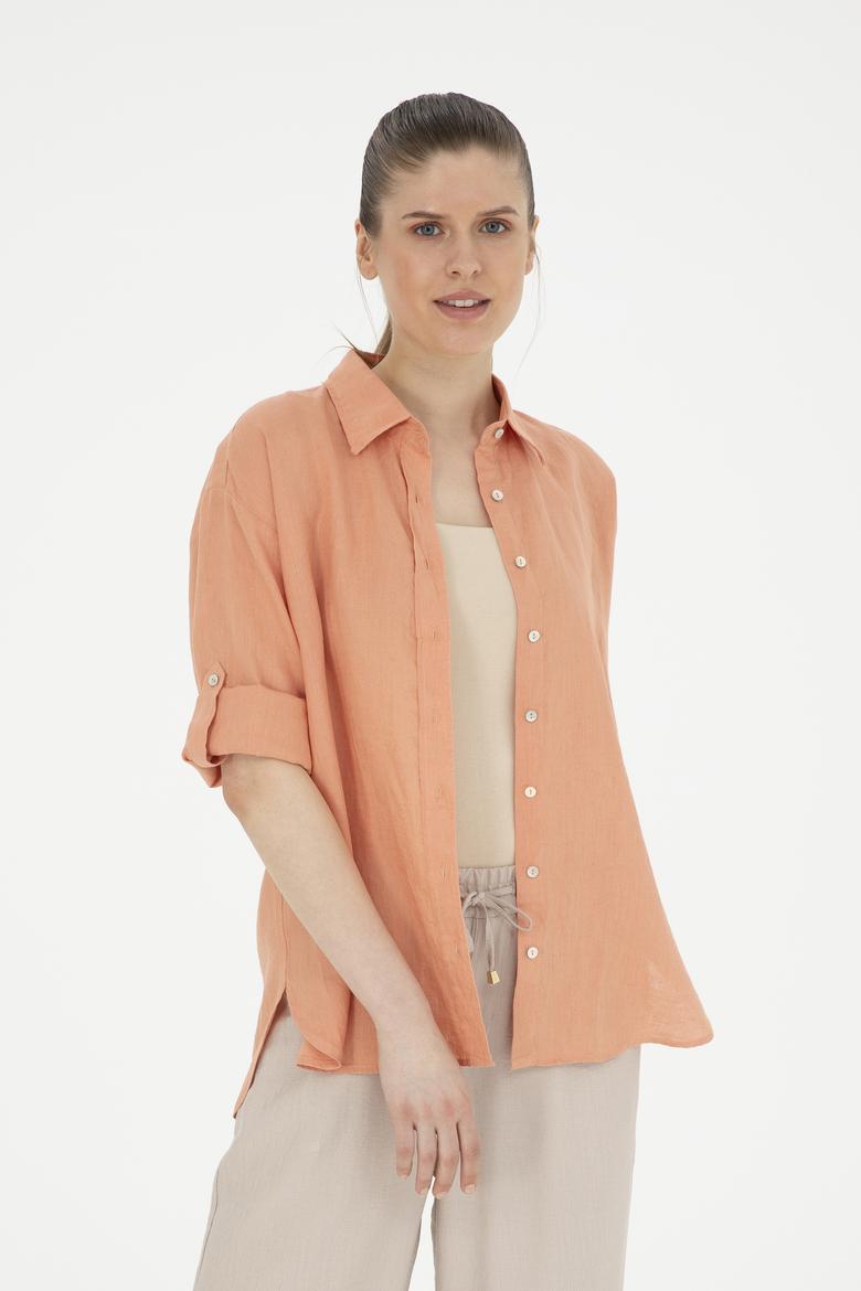 Kadın Somon Keten Uzun Kollu Gömlek