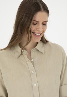 Kadın Açık Haki Keten Uzun Kollu Gömlek - 50283640034