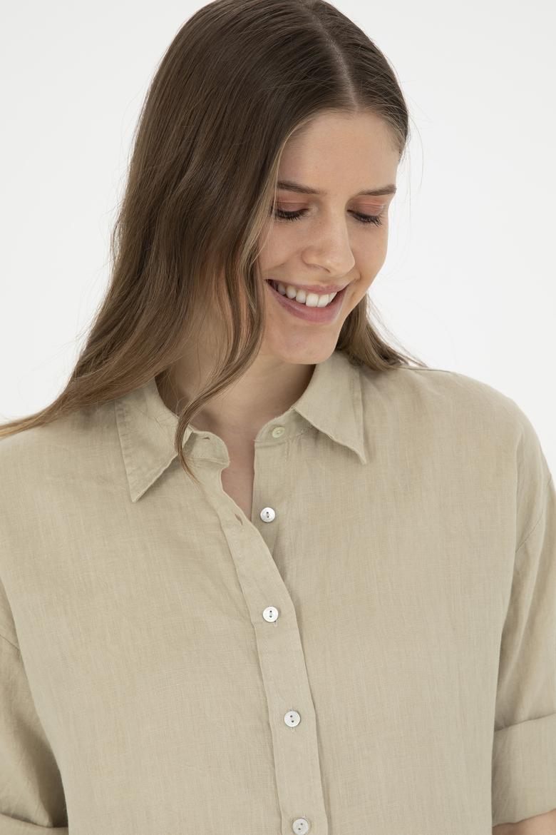 Kadın Açık Haki Keten Uzun Kollu Gömlek - 50283640034
