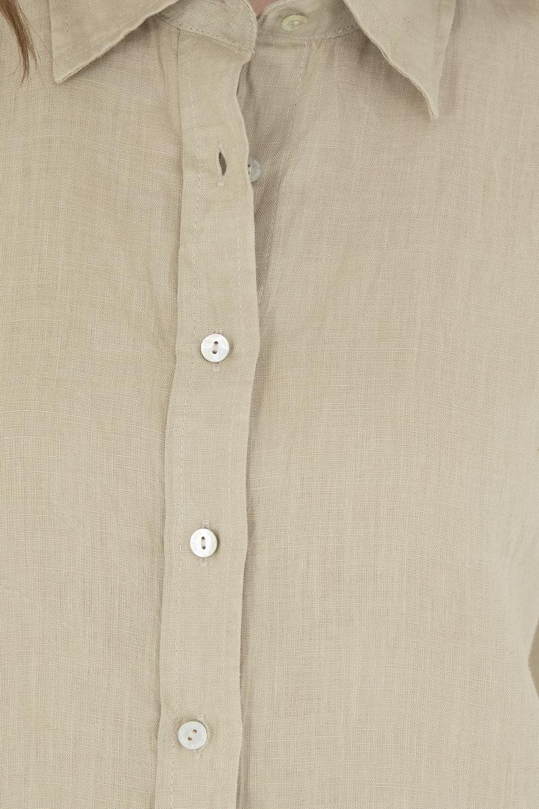 Kadın Açık Haki Keten Uzun Kollu Gömlek - 50283640034