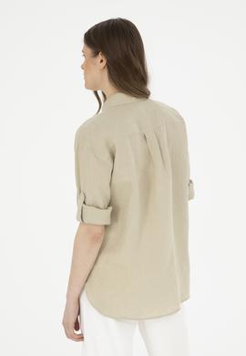 Kadın Açık Haki Keten Uzun Kollu Gömlek - 50283640034