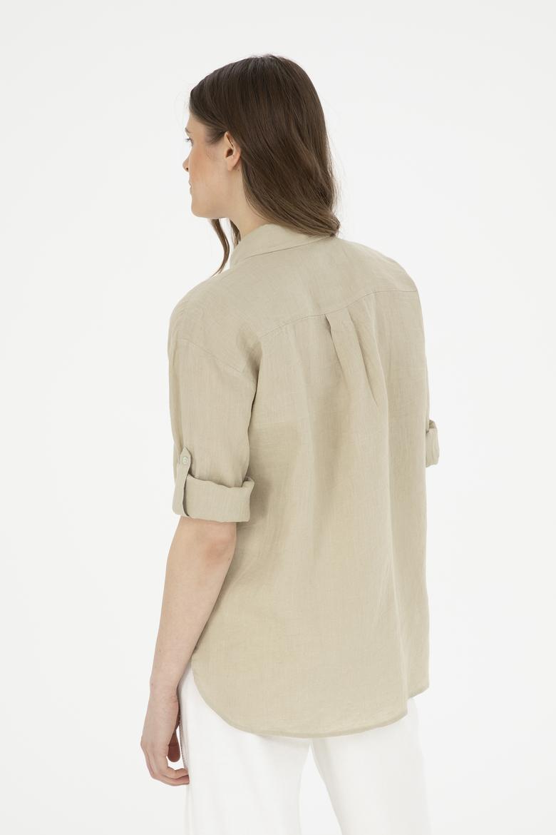 Kadın Açık Haki Keten Uzun Kollu Gömlek - 50283640034