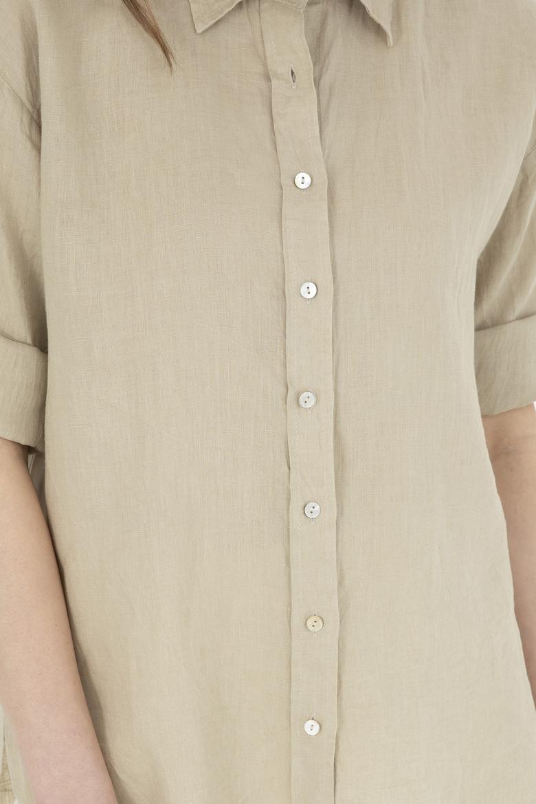 Kadın Açık Haki Keten Uzun Kollu Gömlek - 50283640034
