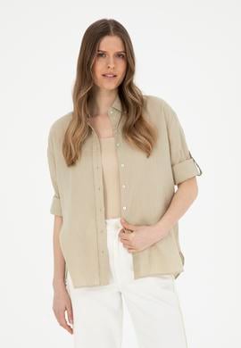 Kadın Açık Haki Keten Uzun Kollu Gömlek - 50283640034