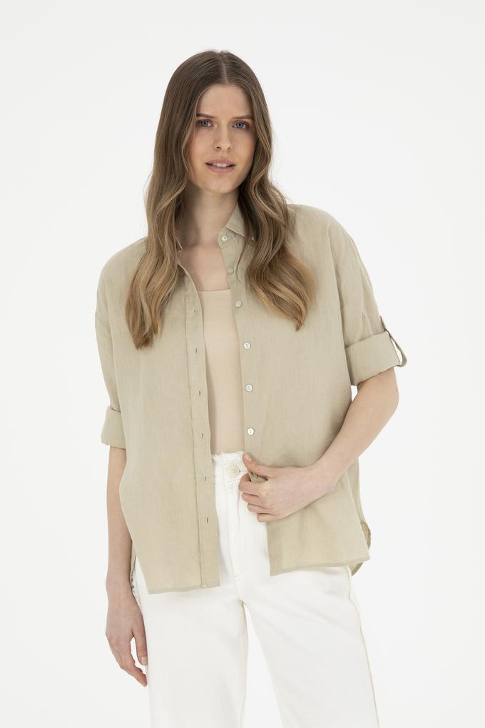 Kadın Açık Haki Keten Uzun Kollu Gömlek