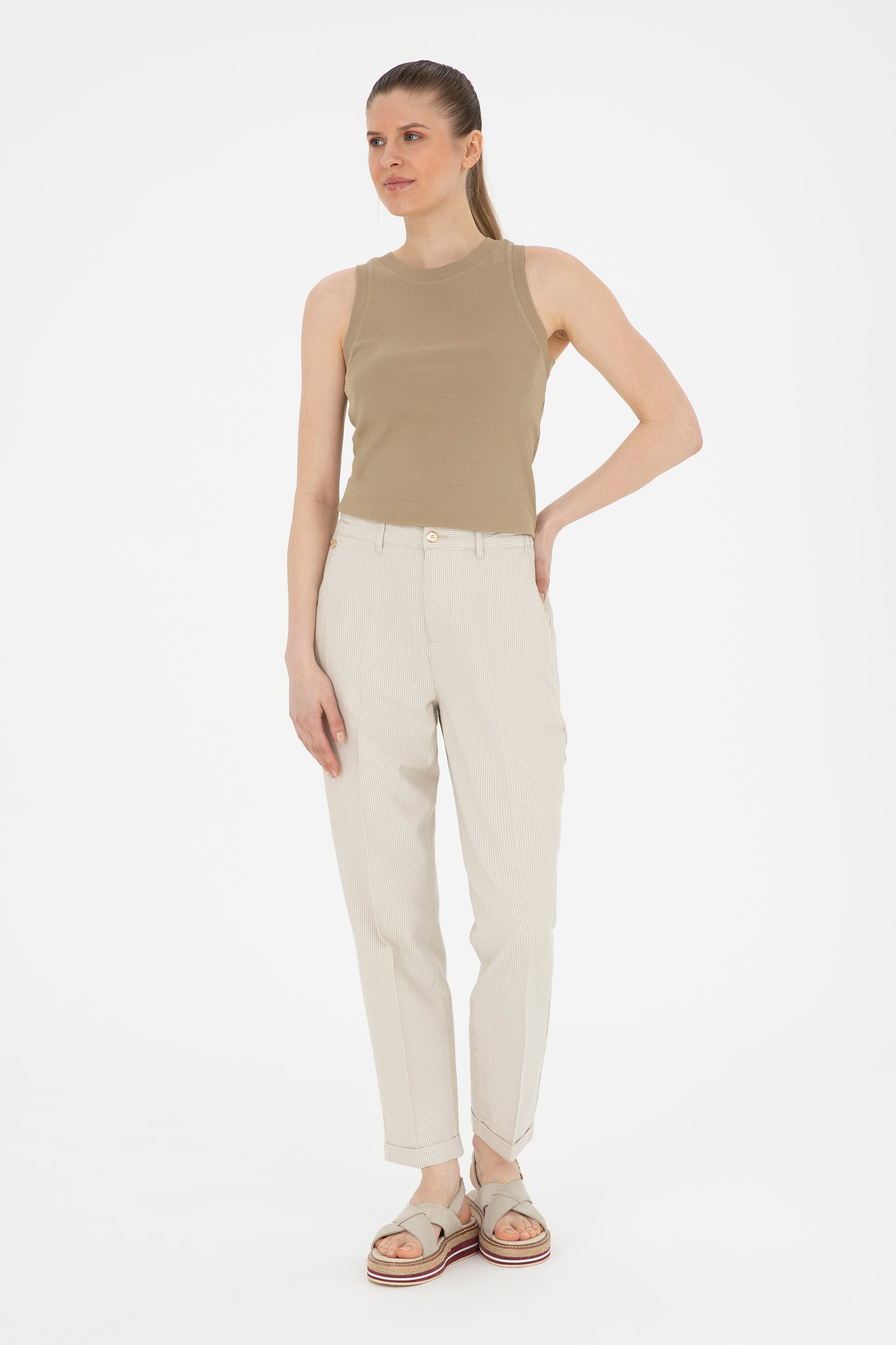 Kadın Açık Haki Kanvas Pantolon - Image 3