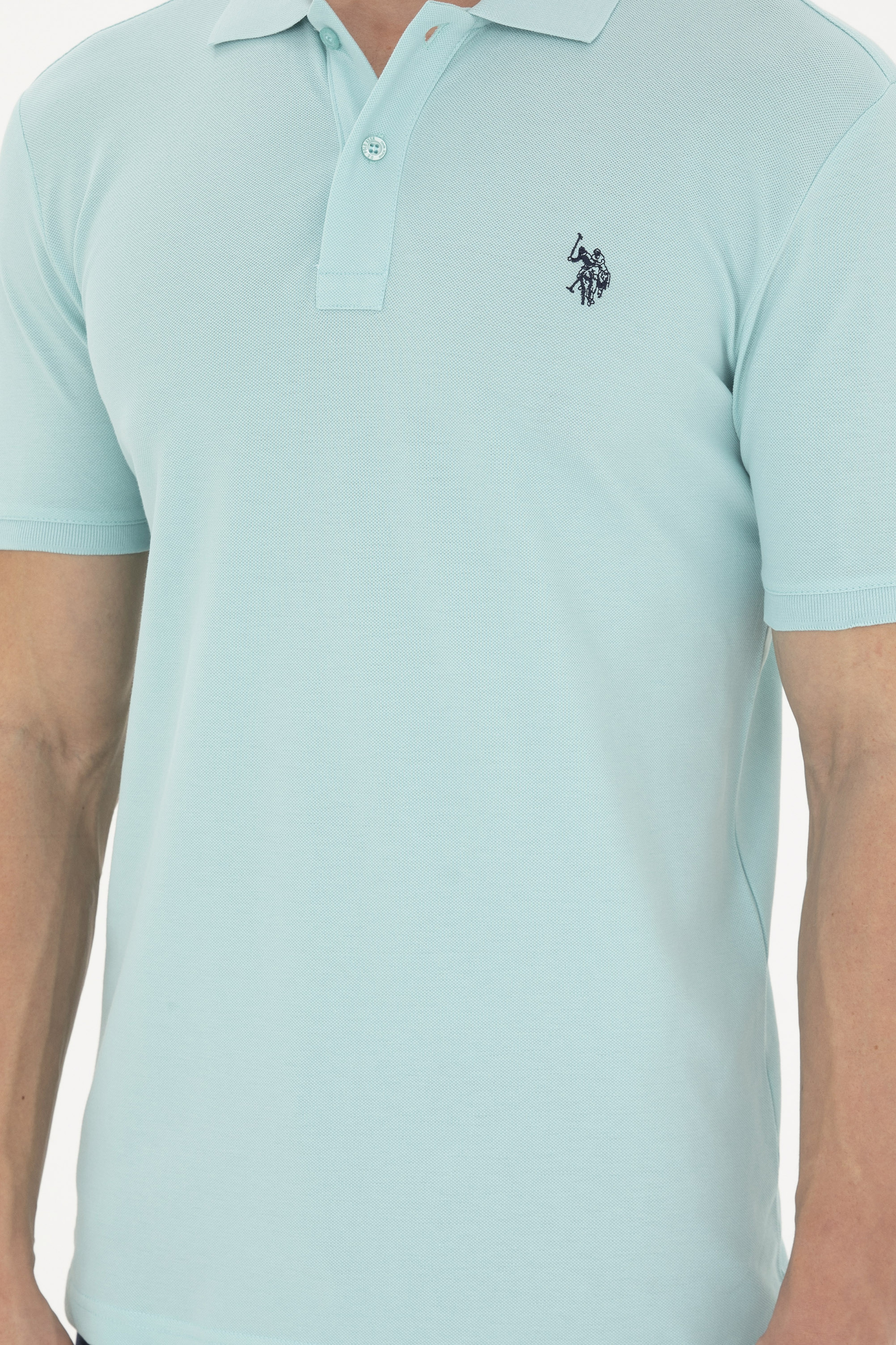 Erkek Slim Fit Polo Yaka Su Yeşili Basic Tişört