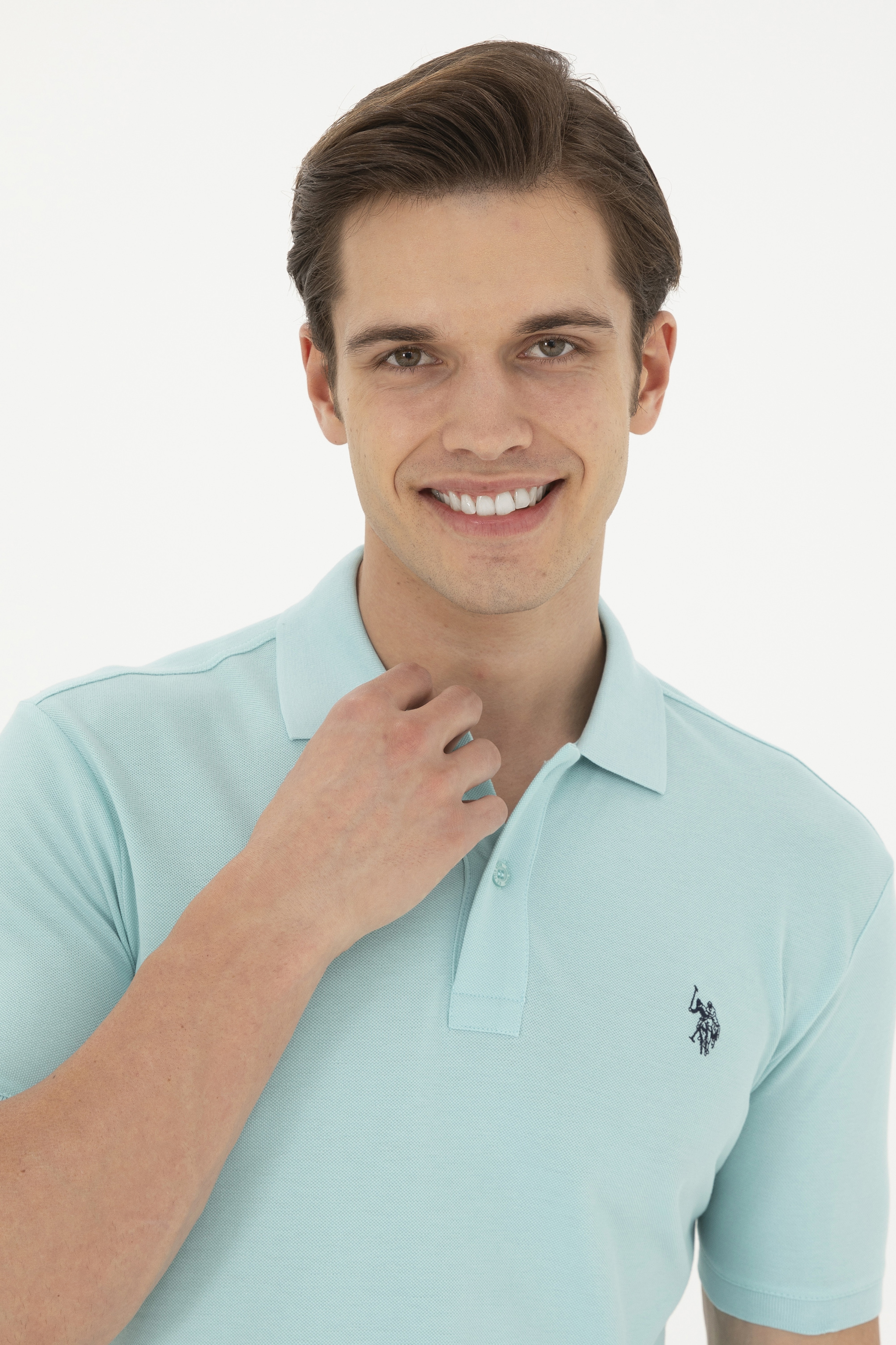 Erkek Slim Fit Polo Yaka Su Yeşili Basic Tişört - Image 2