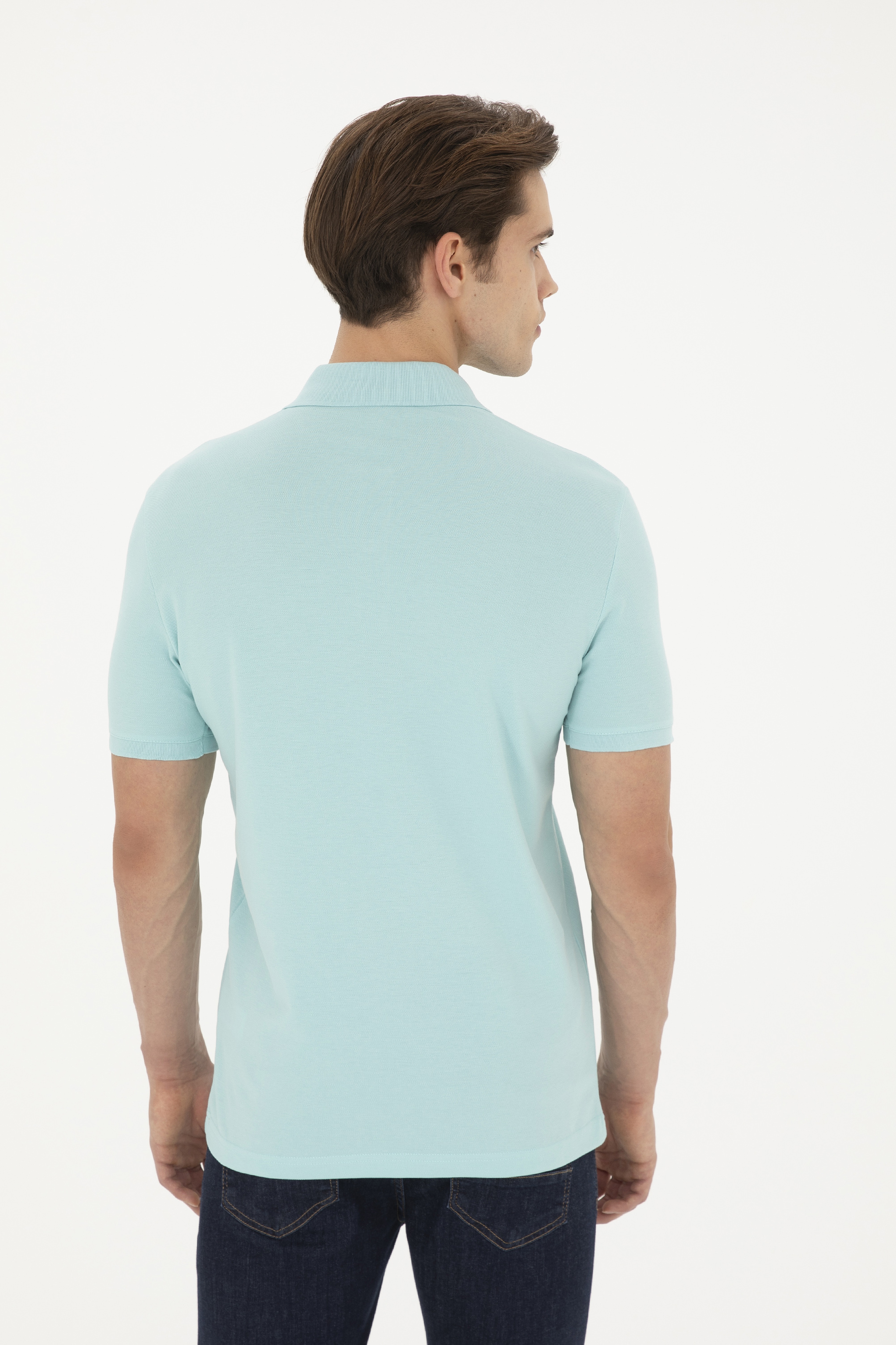 Erkek Slim Fit Polo Yaka Su Yeşili Basic Tişört - Image 5
