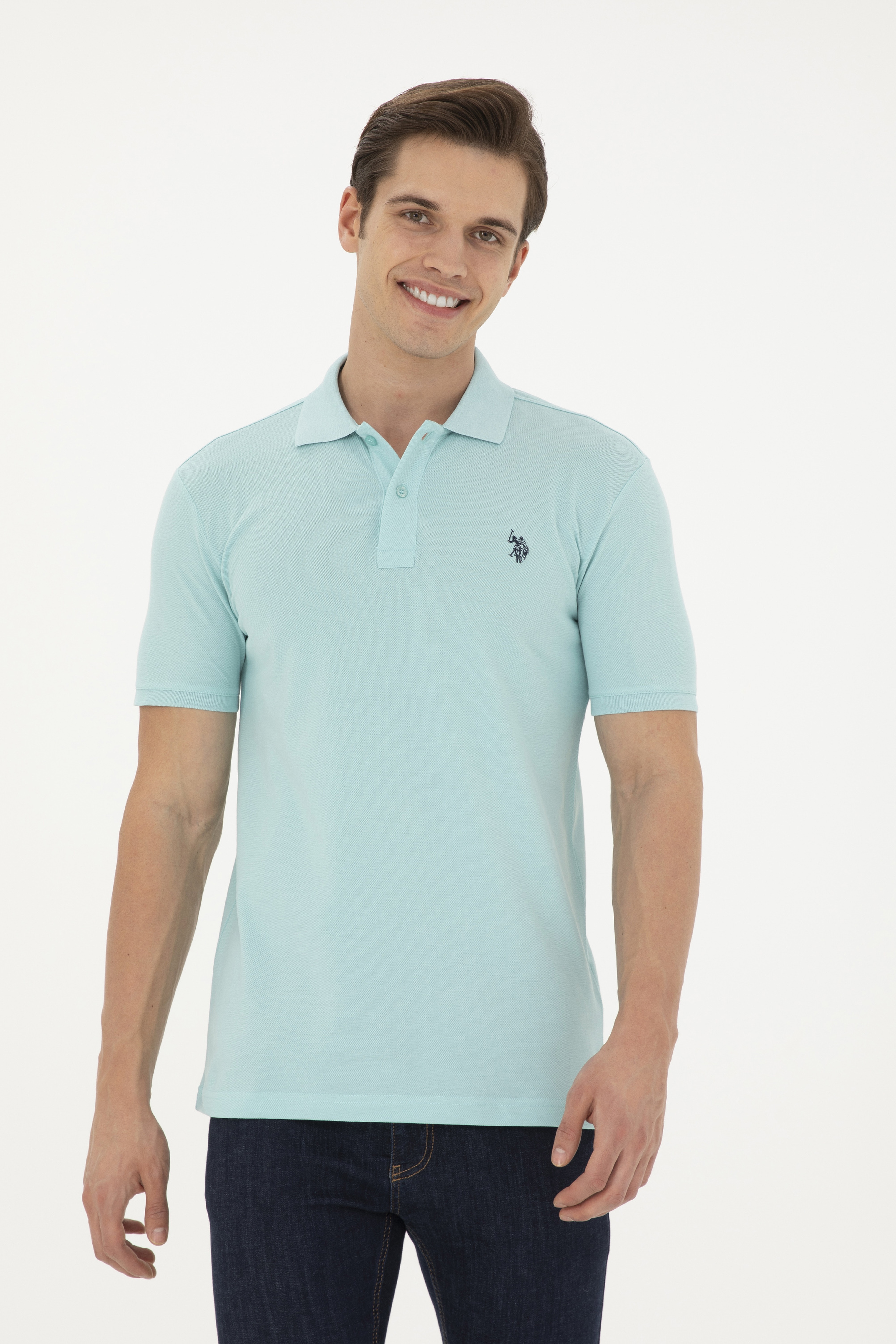Erkek Slim Fit Polo Yaka Su Yeşili Basic Tişört - Image 3