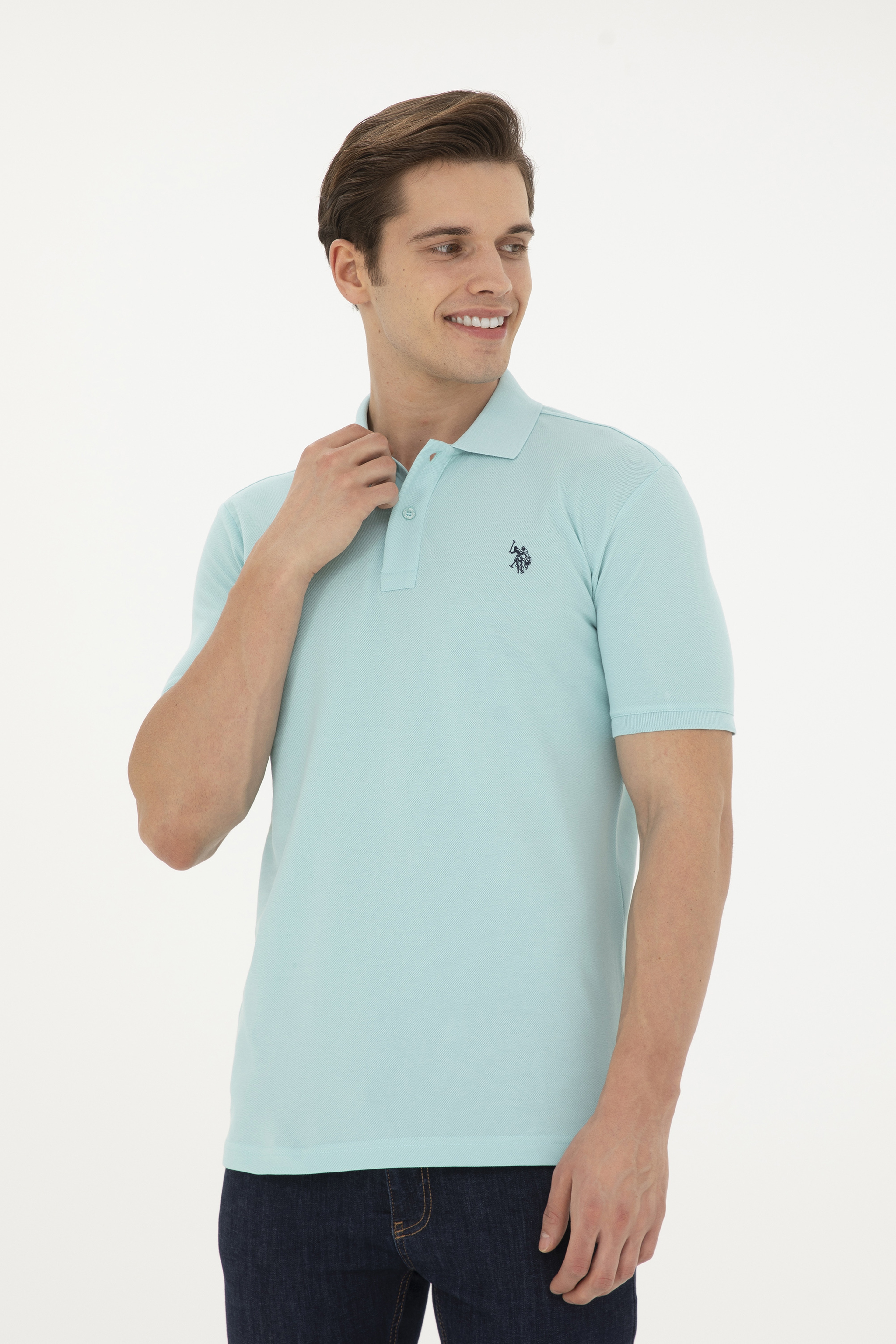 Erkek Slim Fit Polo Yaka Su Yeşili Basic Tişört - Image 1