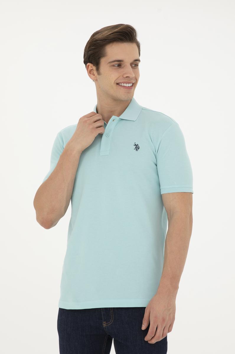 Erkek Slim Fit Polo Yaka Su Yeşili Basic Tişört