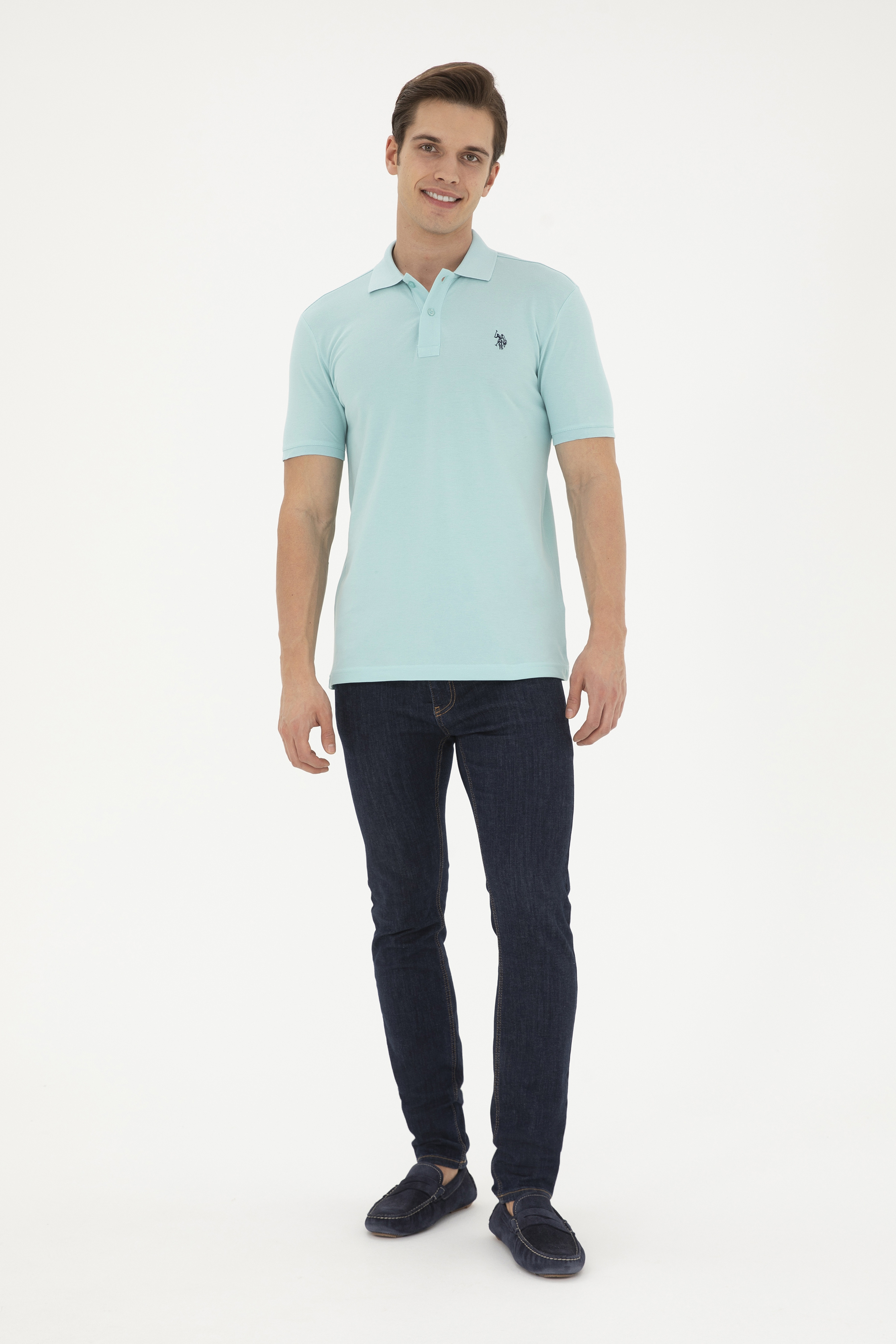 Erkek Slim Fit Polo Yaka Su Yeşili Basic Tişört - Image 4