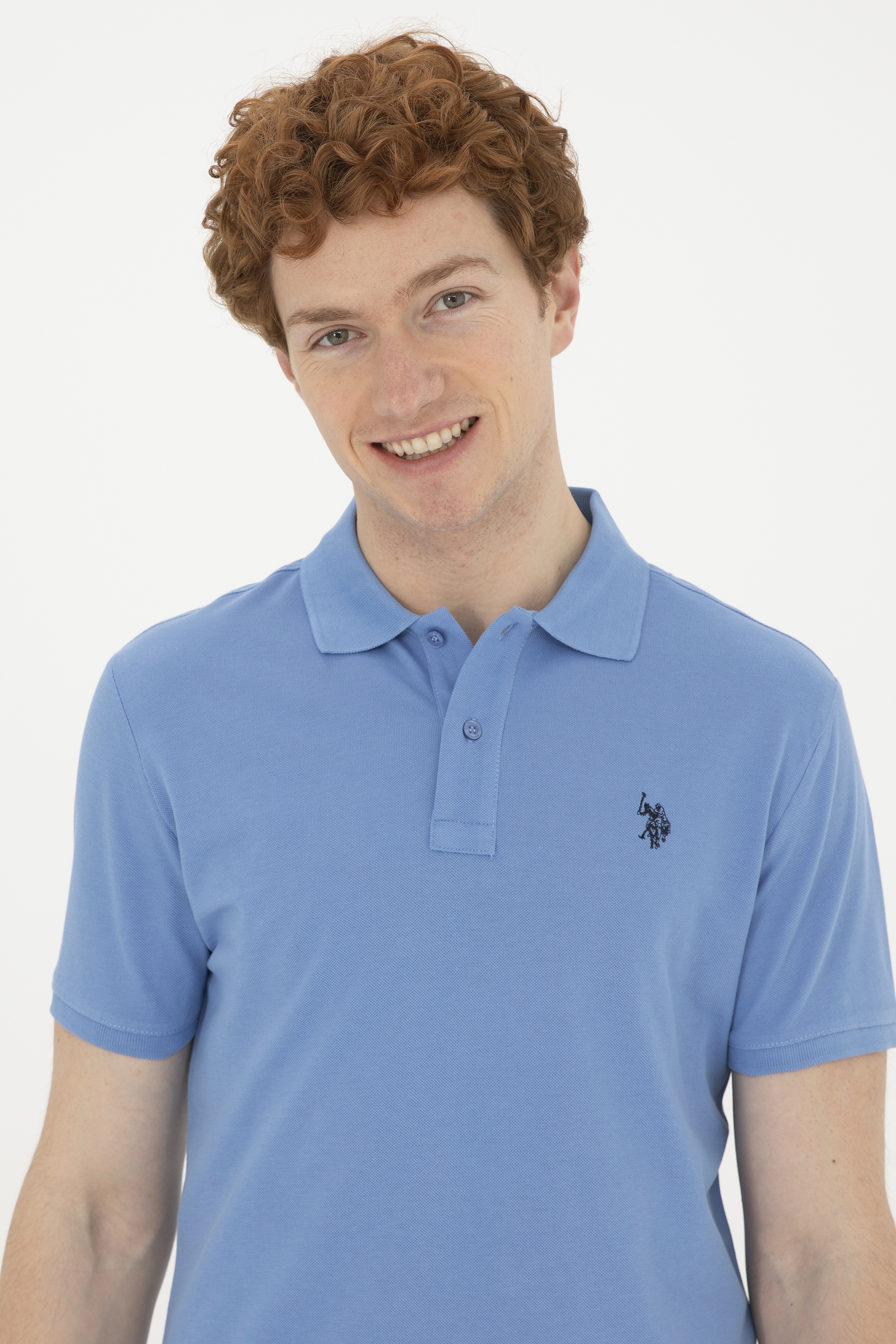 Erkek Slim Fit Polo Yaka Koyu Mavi Basic Tişört - Image 2