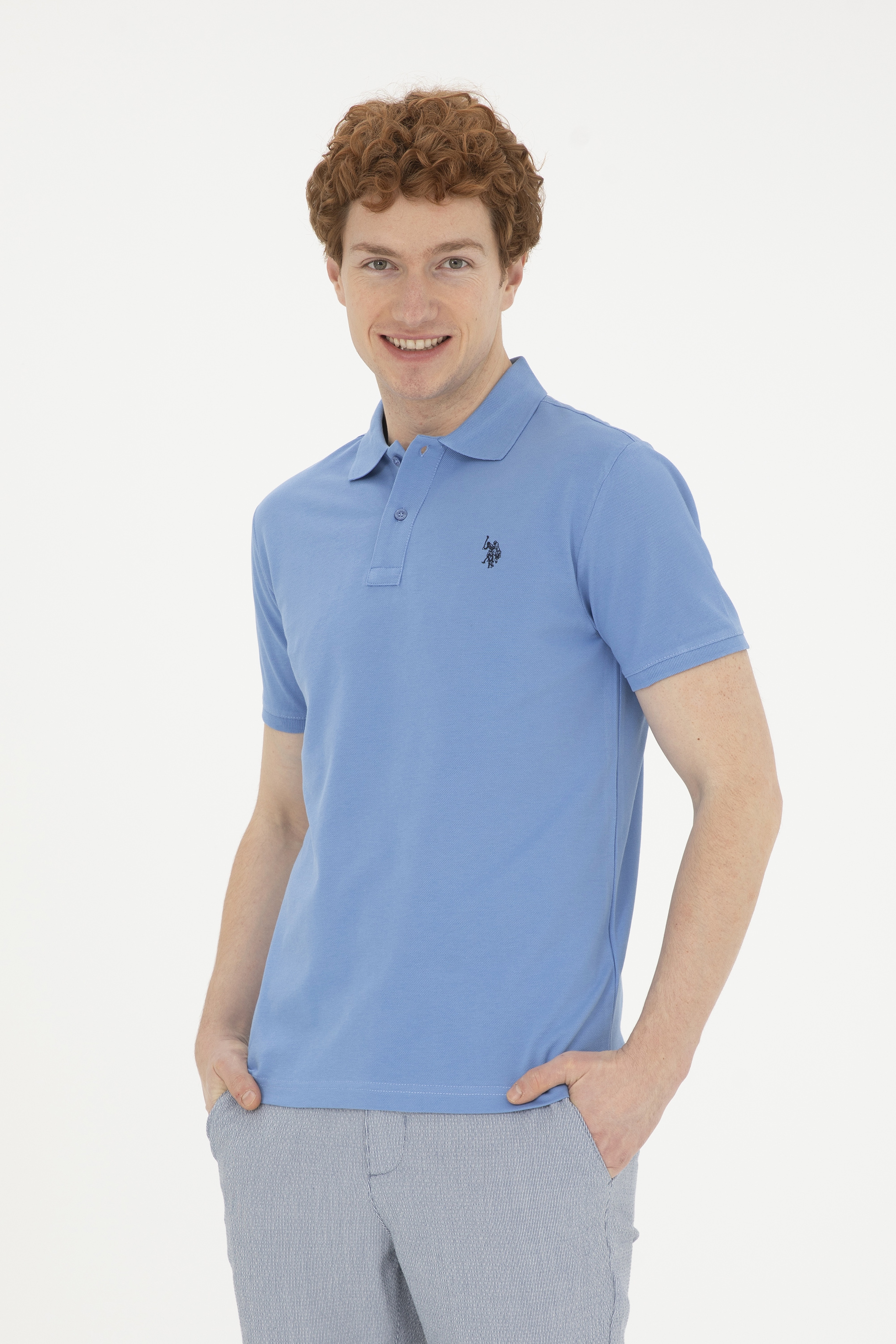 Erkek Slim Fit Polo Yaka Koyu Mavi Basic Tişört - Image 1