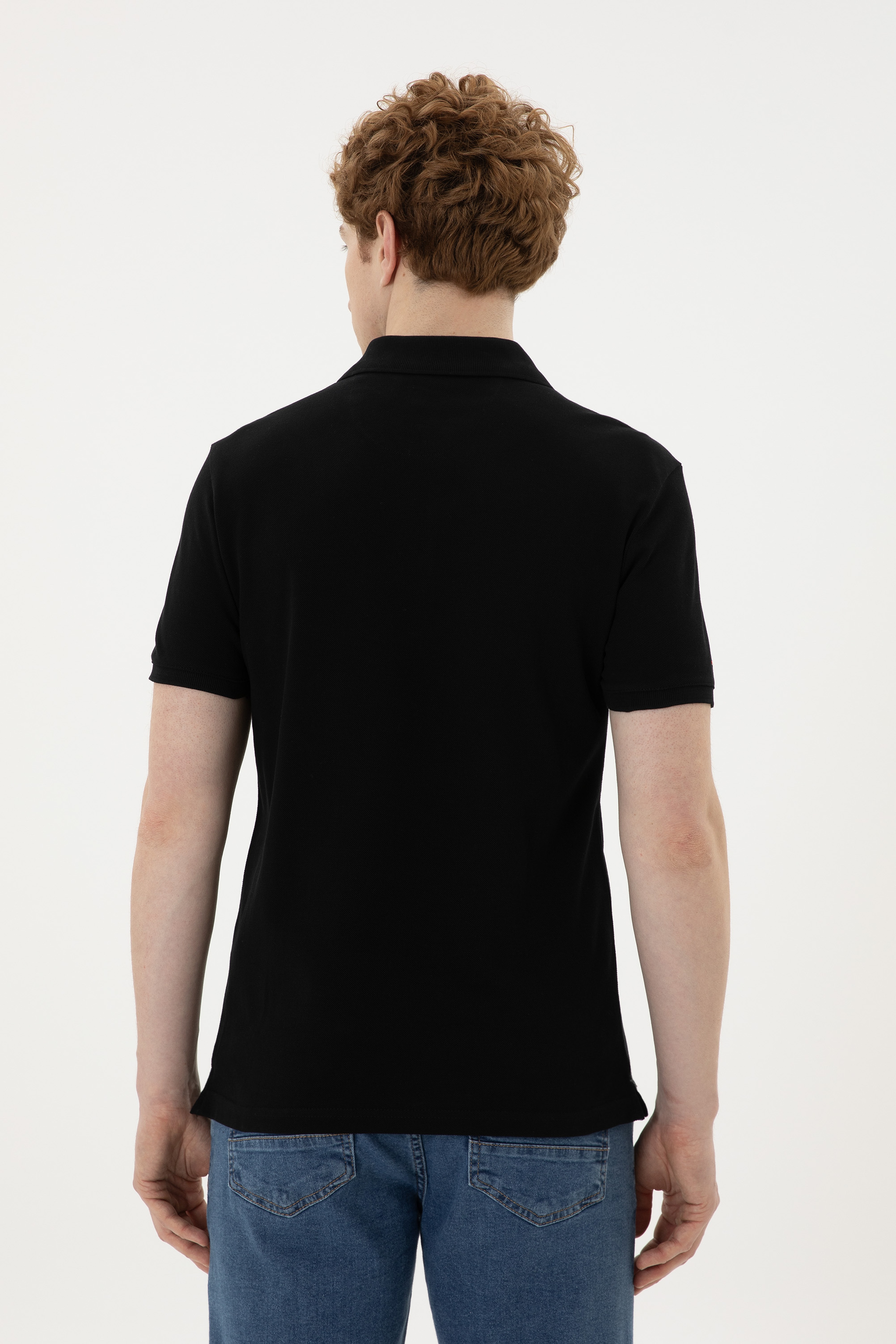 Erkek Slim Fit Polo Yaka Siyah Basic Tişört - Image 5