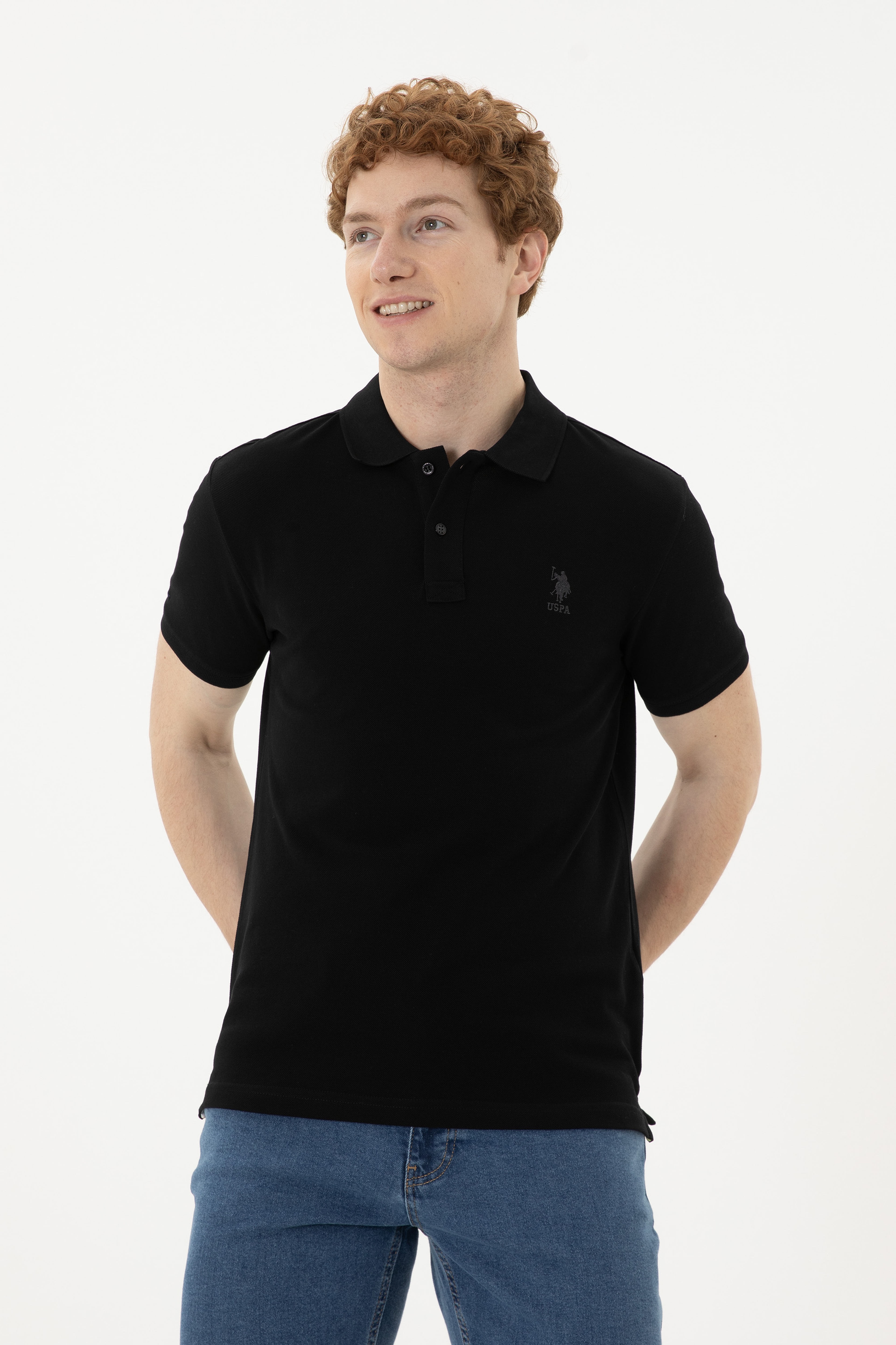 Erkek Slim Fit Polo Yaka Siyah Basic Tişört - Image 3
