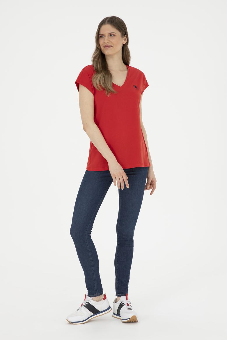 Kadın Kırmızı  V Yaka Basic Tişört - 50285849017