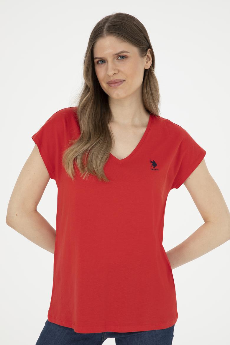Kadın Kırmızı  V Yaka Basic Tişört - 50285849017