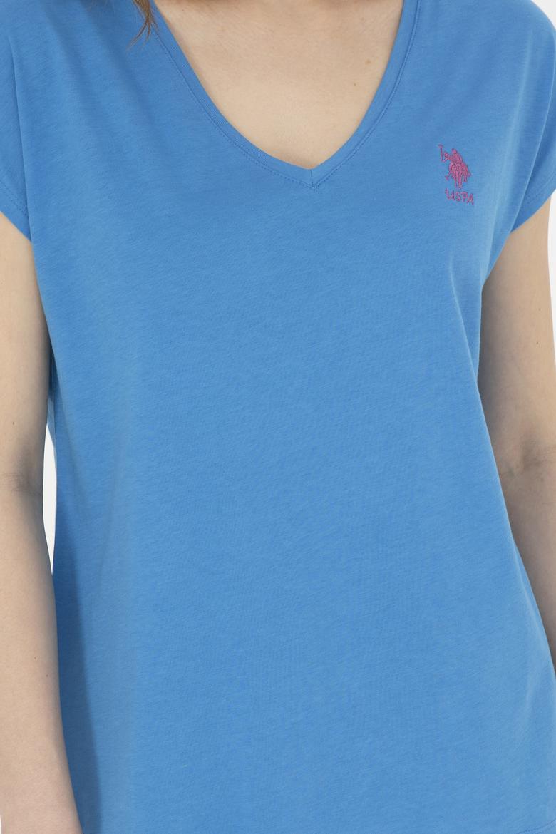 Kadın Saks  V Yaka Basic Tişört - 50285849052