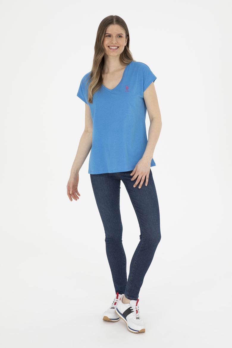 Kadın Saks  V Yaka Basic Tişört - 50285849052