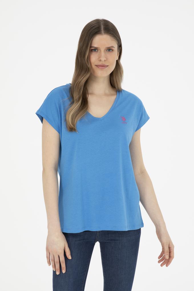 Kadın Saks  V Yaka Basic Tişört