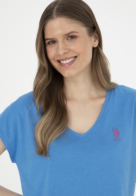 Kadın Saks  V Yaka Basic Tişört - 50285849052