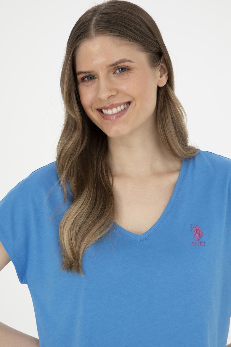 Kadın Saks  V Yaka Basic Tişört - 50285849052