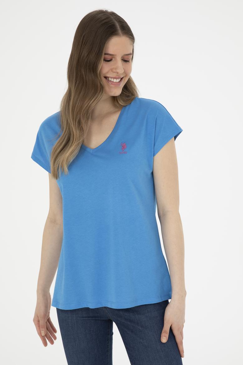 Kadın Saks  V Yaka Basic Tişört - 50285849052