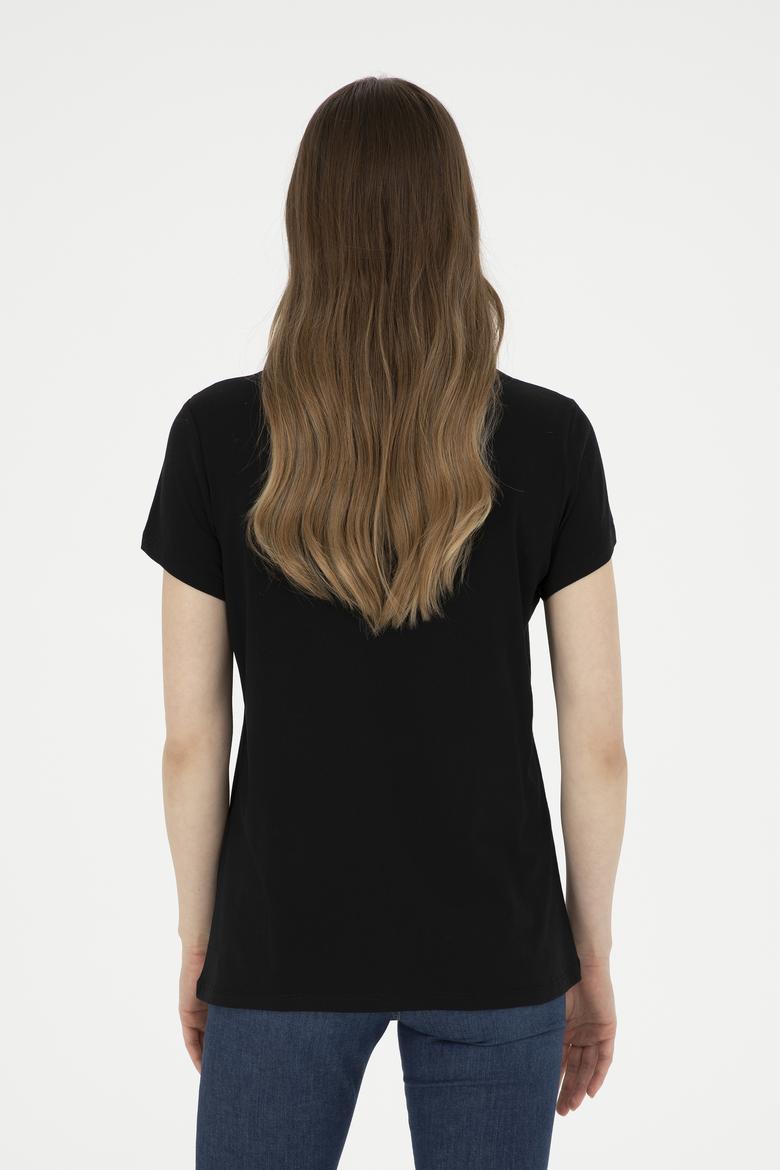 Kadın Siyah Bisiklet Yaka Tişört - 50288687013