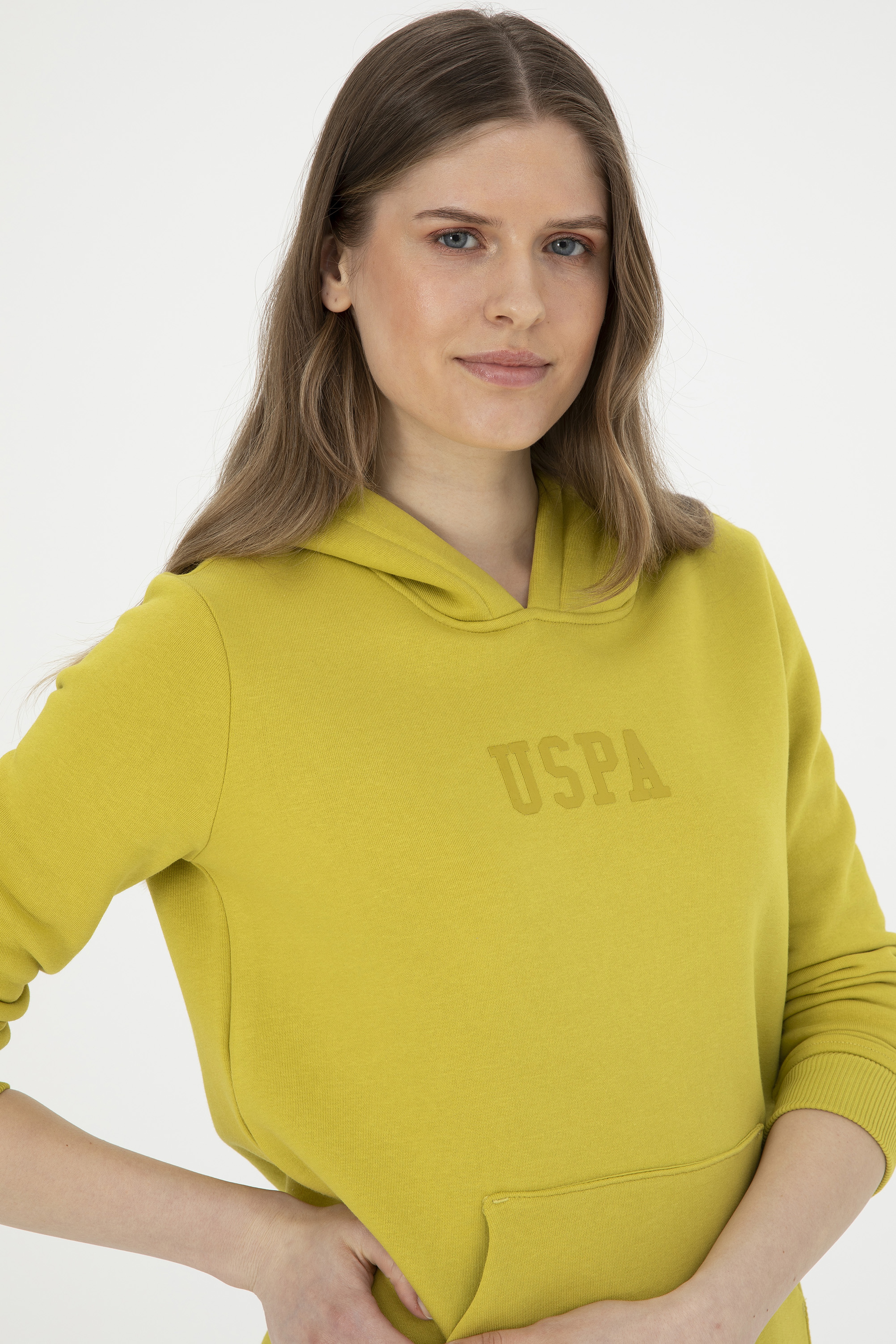 Kadın Fıstık Yeşili Basic Kapüşonlu Sweatshirt