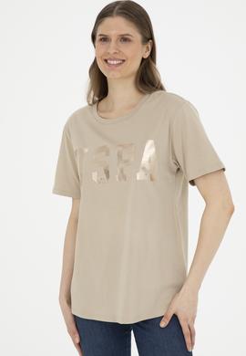 Kadın Açık Haki Basic Bisiklet Yaka Tişört - 50280020099