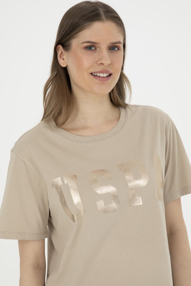 Kadın Açık Haki Basic Bisiklet Yaka Tişört - 50280020099