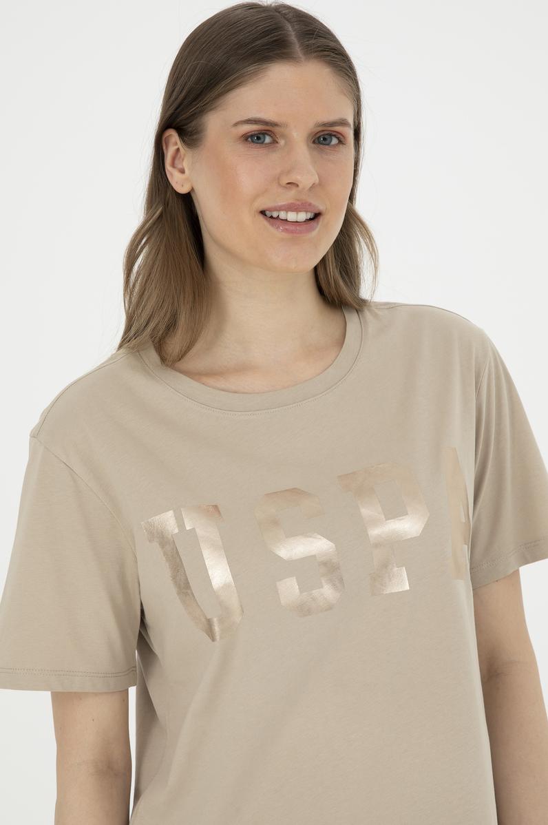 Kadın Açık Haki Basic Bisiklet Yaka Tişört