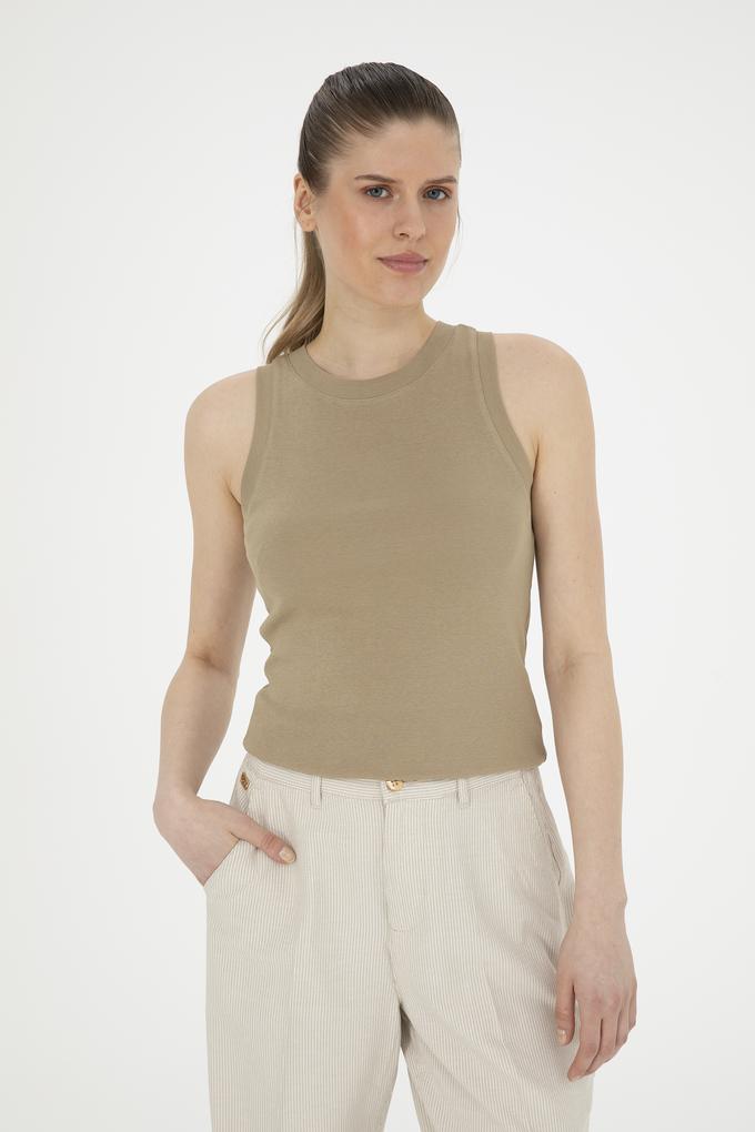 Kadın Haki Bisiklet Yaka Kolsuz Tişört