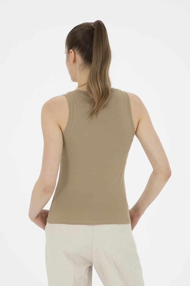 Kadın Haki Bisiklet Yaka Kolsuz Tişört - 50285852001