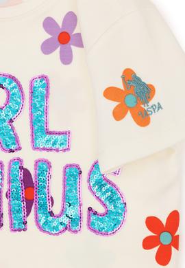 Kız Çocuk Ekru Bisiklet Yaka Tişört - 50283247003