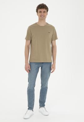 Erkek Regular Fit Bisiklet Yaka Haki Basic Tişört - 50284640154