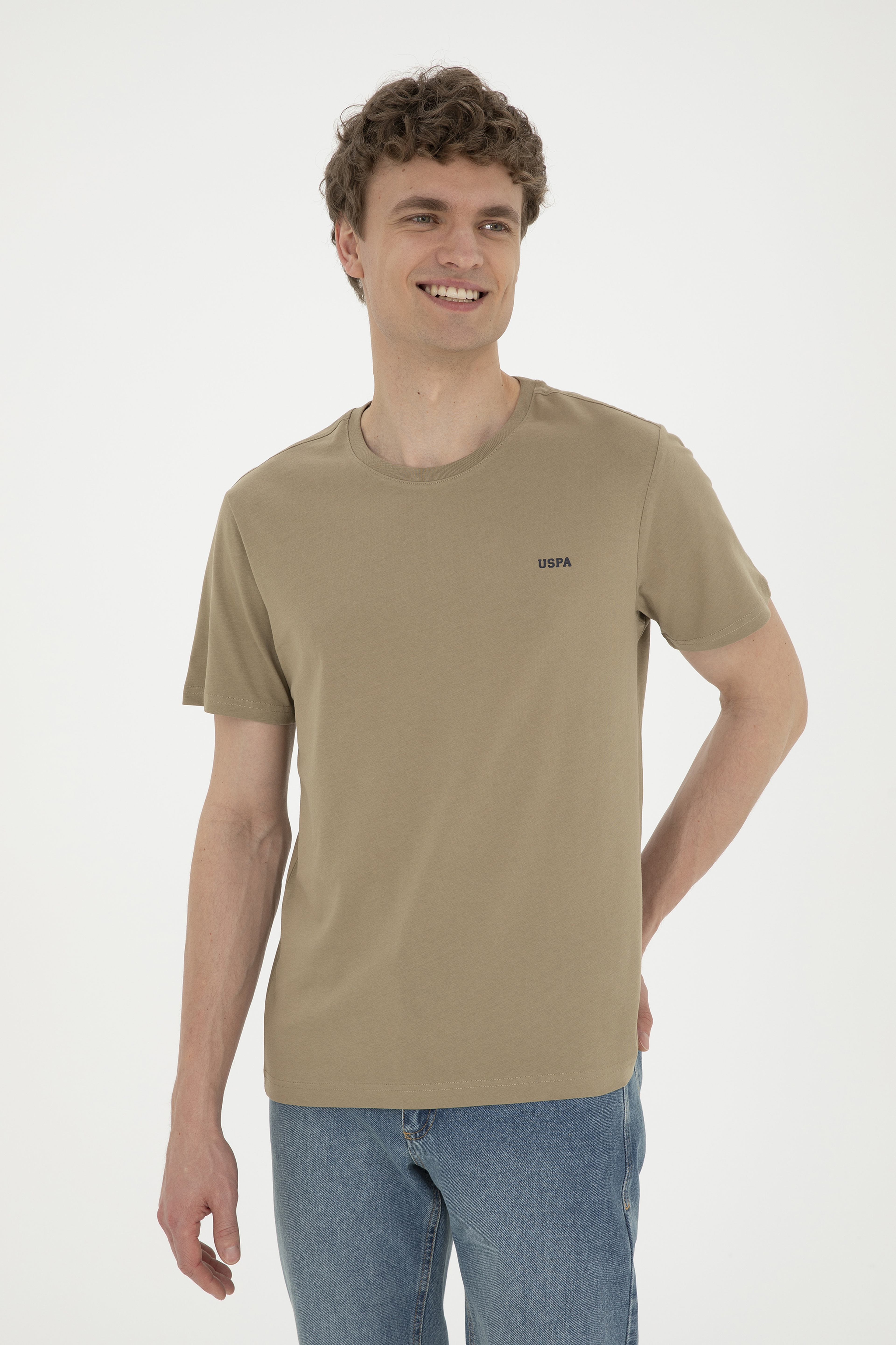 Erkek Regular Fit Bisiklet Yaka Haki Basic Tişört - Image 1