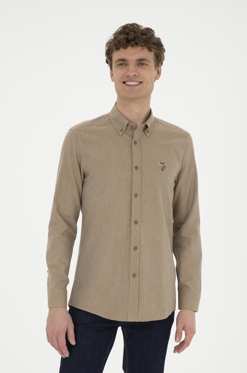 Erkek Açık Haki Uzun Kollu Basic Gömlek