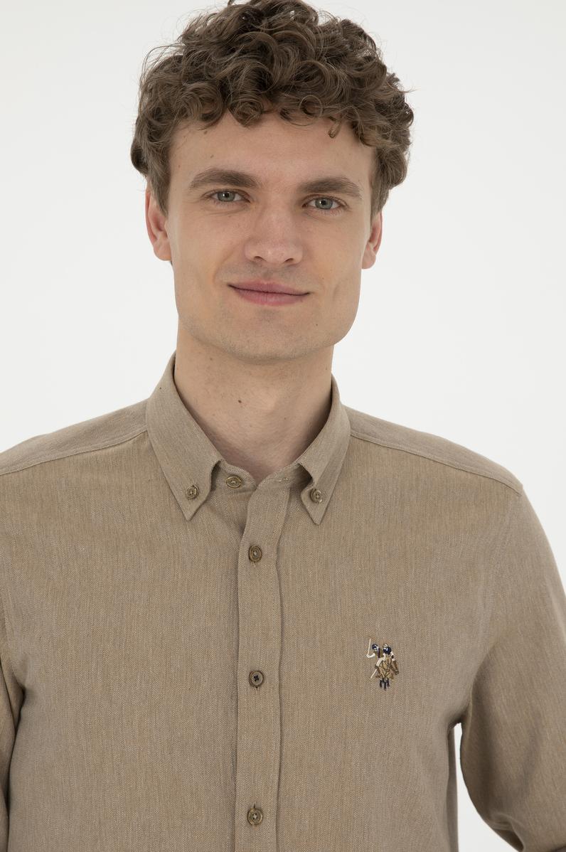 Erkek Açık Haki Uzun Kollu Basic Gömlek