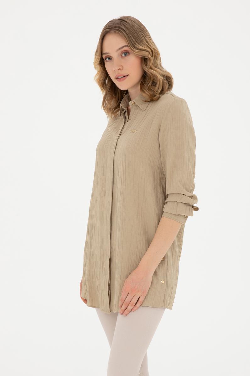 Kadın Açık Haki Uzun Kollu Gömlek