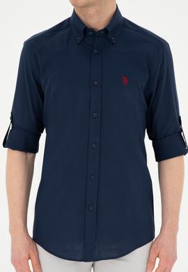 Erkek Keten Görünümlü Lacivert Basic Gömlek - 50288648133